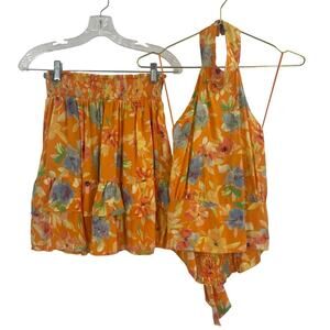 NWT Cynthia Rowley Vibrant Orange Floral Skirt & Halter top 2PC set MEDIUM